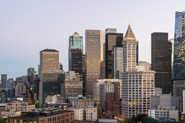 Fototapeta na wymiar Seattle aerial skyline panorama of downtown skyscrapers at sunrise, Washington USA.