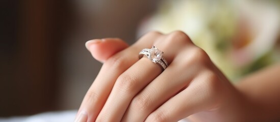 A woman's hand wearing a diamond engagement ring