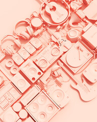 Rose pink musical instruments equipment flat lay diagonal vibrant production background wallpaper 3d illustration render digital rendering