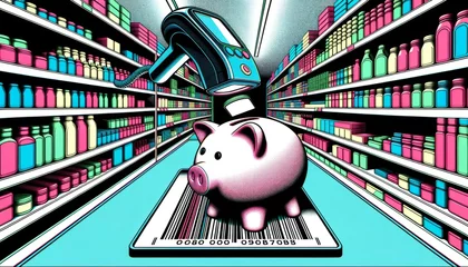 Fotobehang A piggy bank with a barcode and a scanner in a supermarket background in a pop art style, consumerism, savings and finance, pop art aesthetics, retail and shopping, modern digital technology © Chatpisit
