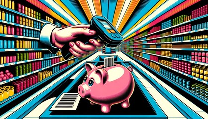 A piggy bank with a barcode and a scanner in a supermarket background in a pop art style, consumerism, savings and finance, pop art aesthetics, retail and shopping, modern digital technology - obrazy, fototapety, plakaty