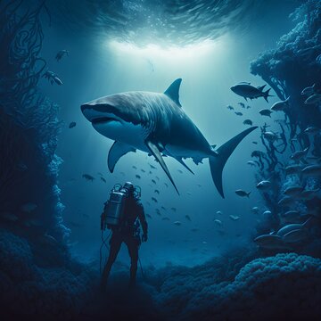 an underwater scene where a scuba diver is taking photos of coral and tropical fish and is completely unaware that a huge great white shark is looming from the shadows in the background ominous 