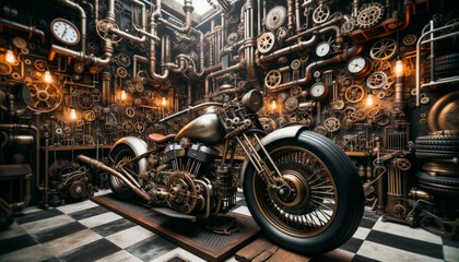 Motorcycle with steampunk details in a gear-filled garage, steampunk aesthetics, futuristic design, mechanical artistry, vintage futurism, detailed craftsmanship - obrazy, fototapety, plakaty