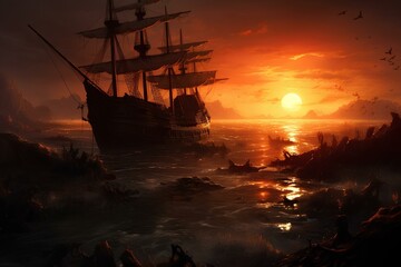 Obraz premium Sunset seascape with decaying ships after battle: fantasy pirate landscape. majestic and beautiful oil painting style illustration. generative AI