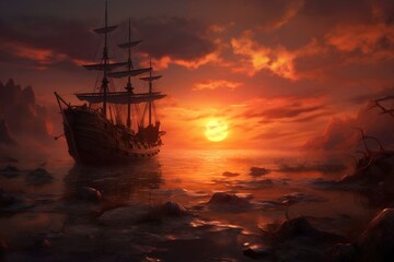 Obraz premium Sunset seascape with decaying ships after battle: fantasy pirate landscape. majestic and beautiful oil painting style illustration. generative AI