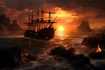 Obraz premium Sunset seascape with decaying ships after battle: fantasy pirate landscape. majestic and beautiful oil painting style illustration. generative AI