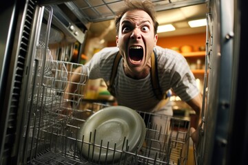 Fun crazy man trying lives alone and to learn how to use a dishwasher, putting and clean dirty dishes. - Powered by Adobe