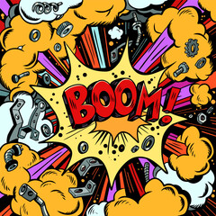 An incredible and sudden event that brings chaos. Thunder of upcoming discounts and sales of services and goods. The effect and the inscription BOOM with many elements.