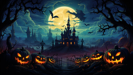 Halloween theme: gloomy night landscape with glowing lights and pumpkins against the backdrop of a Gothic castle