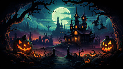 Halloween theme: gloomy night landscape with glowing lights and pumpkins against the backdrop of a Gothic castle