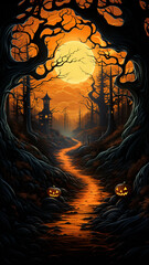 Halloween theme: gloomy night landscape with glowing lights and pumpkins against the backdrop of a Gothic castle