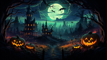 Halloween theme: gloomy night landscape with glowing lights and pumpkins against the backdrop of a Gothic castle