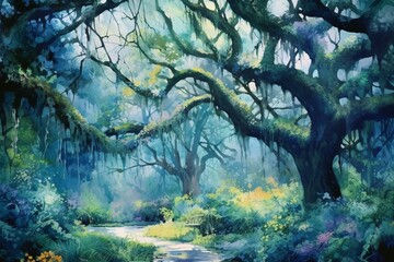Enchanted forest with ancient oaks, captivating watercolor backdrop. Generative AI