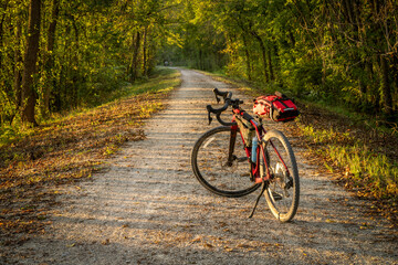 Fototapeta na wymiar gravel touring bike on Katy Trail near Marthasville, Missouri, in fall scenery