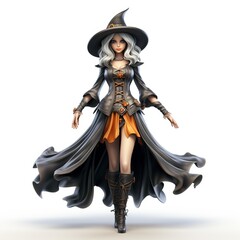 3D Halloween Beautiful witch, full body, isolated on white background