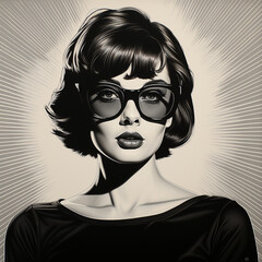 comic book style black and white portrait of a pretty woman with short hair wearing sunglasses