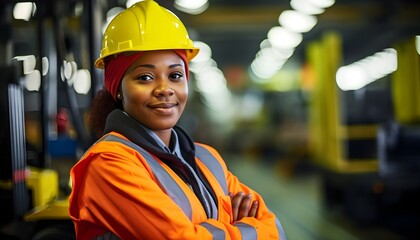 Joyful african american woman portrait with crossed arms, orange jacket, and hard hat in a factory