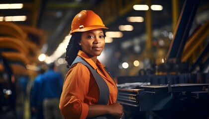 30-year-old female engineer with helmet working in a factory