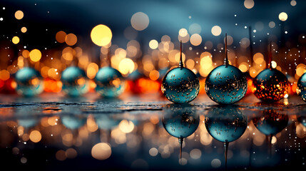 Christmas abstract background, Blue Christmas balls on bokeh effect background
