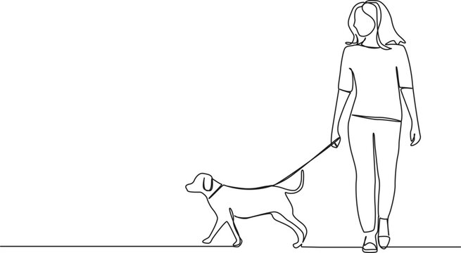 Continuous Single Line Drawing Of Woman Walking Her Dog, Line Art Vector Illustration