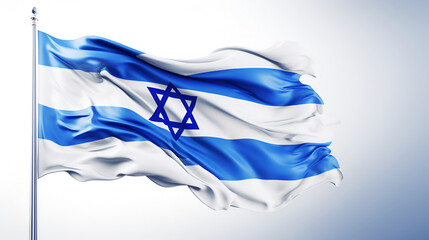Israel flag flutters in the wind and the Star of David isolated on a white background. Blue Star of...