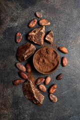Ingredients for making homemade chocolate . Top view with copy space.