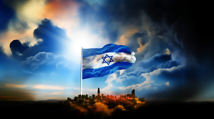 Israel flag in fire and smoke flutters in the wind over a city in fire and smoke with copy space....