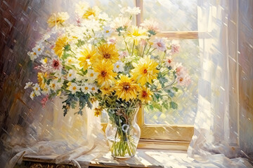 Colorful Bunch of Flowers in Glass Vase Against Sunny Window and Curtains Painting. Canvas Texture.
