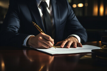 Businessman signing contract for business at work closeup. Lawyer, attorney signing a contract. Business partner considering contract terms before signing, checking legal contract law conditions.