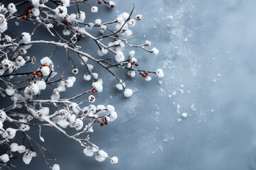 Snow covered the first buds of flowers in early spring. Branches with red berries on a white snow background. Template for inserting text, invitation, ads, banner, blank, design. Spring frost concept.