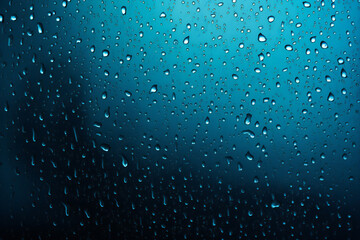Rain background. Abstract blue background texture. Rain water drops on the window or in shower stall. Blue tone. Abstract textured rain wallpaper or banner.        