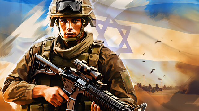 Portrait of a modern armed soldier against the background  against the backdrop  flag of Israel. The concept of protecting borders, the Israeli army, patriotism. Arab-Israeli conflict.