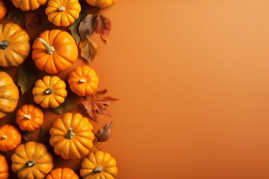 Autumn background decoration from dry leaves and pumpkins on orange background. Creative flat lay, top view for Autumn, fall, Thanksgiving, Halloween concept. Space for text. Autumn composition.