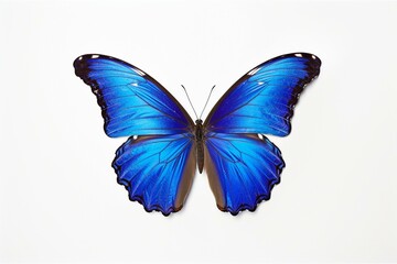Butterfly with vibrant blue hues on a plain white backdrop. Generative AI