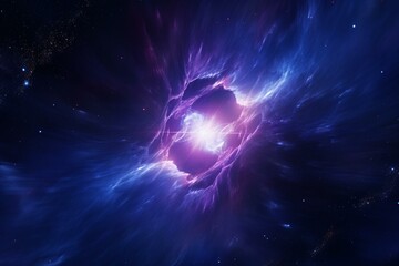 Rotating pulsar engulfed in nebula emitting bursts of high energy. 3D illustration of radiation flares from magnetar or neutron star in interstellar gas. Generative AI