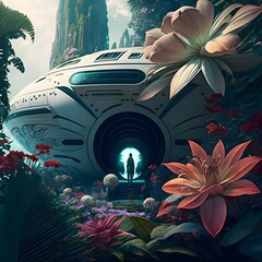 Whenever you see discomfort coming your way just conjure up the feeling that makes a happy day choas against serenity a garden with large tropical flowers on a spaceship in the middle of the milky 