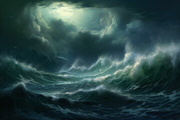 Artistic depiction of stormy weather and powerful ocean waves. Generative AI
