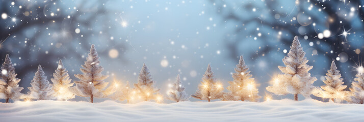 Weihnachten Hintergrund. Weihnachtsbaum mit Schnee verziert mit Lichterkette, Urlaub festlicher Hintergrund. Widescreen Rahmen Hintergrund. Neujahr Winter Art Design, Weihnachtsszene Breitbild - obrazy, fototapety, plakaty