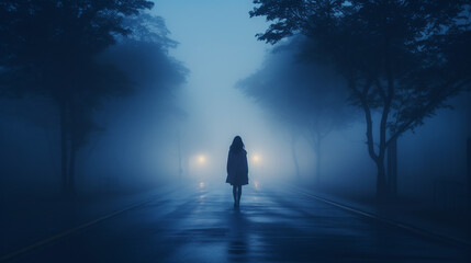woman walking alone down foggy road at blue hour