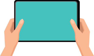 A tablet in female hands with a blue screen on which you can place your text.
Vector element in flat style.