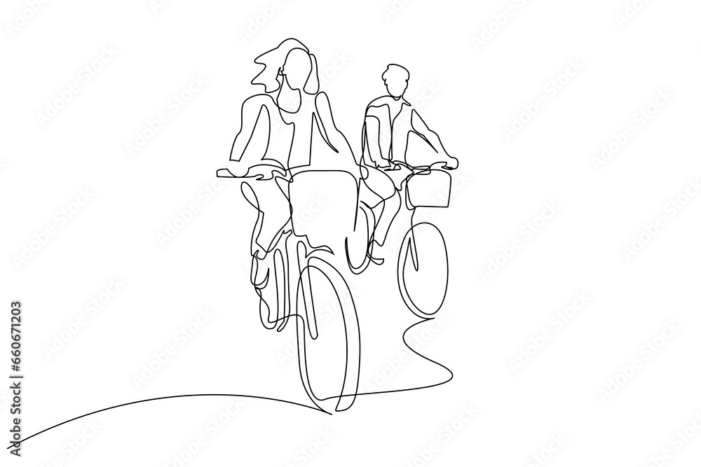 Wall mural woman man two lovers friends couple riding bikes outside together happy moments flirt line art design