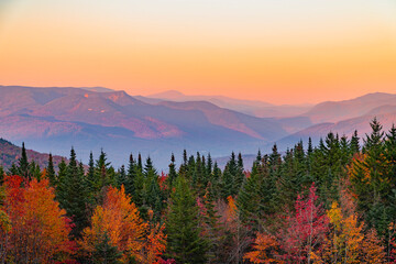 Naklejka na ściany i meble landscape of autumn mountain forest and mountain range in mist