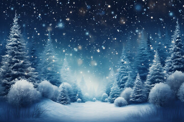 Wintry wonderland, AI-generated Christmas background with snowy fir trees and falling snow
