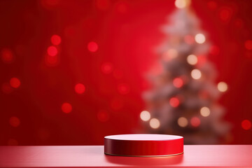Empty red podium on a red background with blurred bokeh Christmas trees. Pedestal or stage mock up for your product.