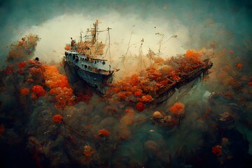 ship taking off corroded submerged underwater laying on the sand coral plants detailed insane carved details 8k warm colors light tone a watercolor painting  - obrazy, fototapety, plakaty