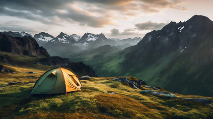 Tourist camp in the mountains, tent in the foreground