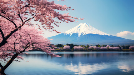 The breathtaking Mount Fuji stands majestically over a serene lake, surrounded by vibrant flowers and lush trees