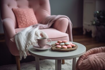 Obraz na płótnie Canvas a pink chair with tea, cookies, and a blanket for a perfect cozy afternoon. Generative AI