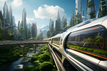 Fototapeta premium a train on a train track in the middle of a city