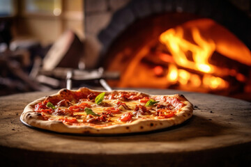 A delicious, hot, Italian pizza in front of a charcoal oven with a burning fire. - obrazy, fototapety, plakaty